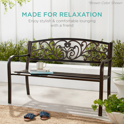 Best Choice Products Outdoor Steel Bench Garden Patio Porch Furniture w/ Floral Design Backrest - Black