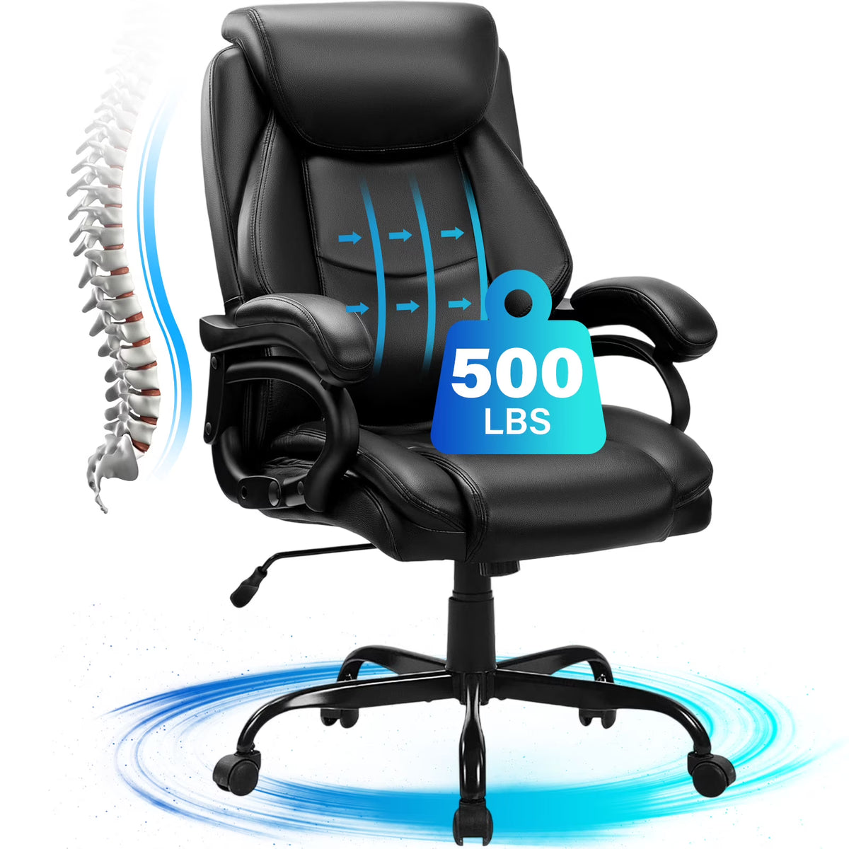 JONPONY Big and Tall Office Chair 500LBS Wide Seat Ergonomic Computer Desk Chair High Back Executive Leather Chair Adjustable Task Chair Lumbar Back Support 8 Hours Heavy Duty Design,Black
