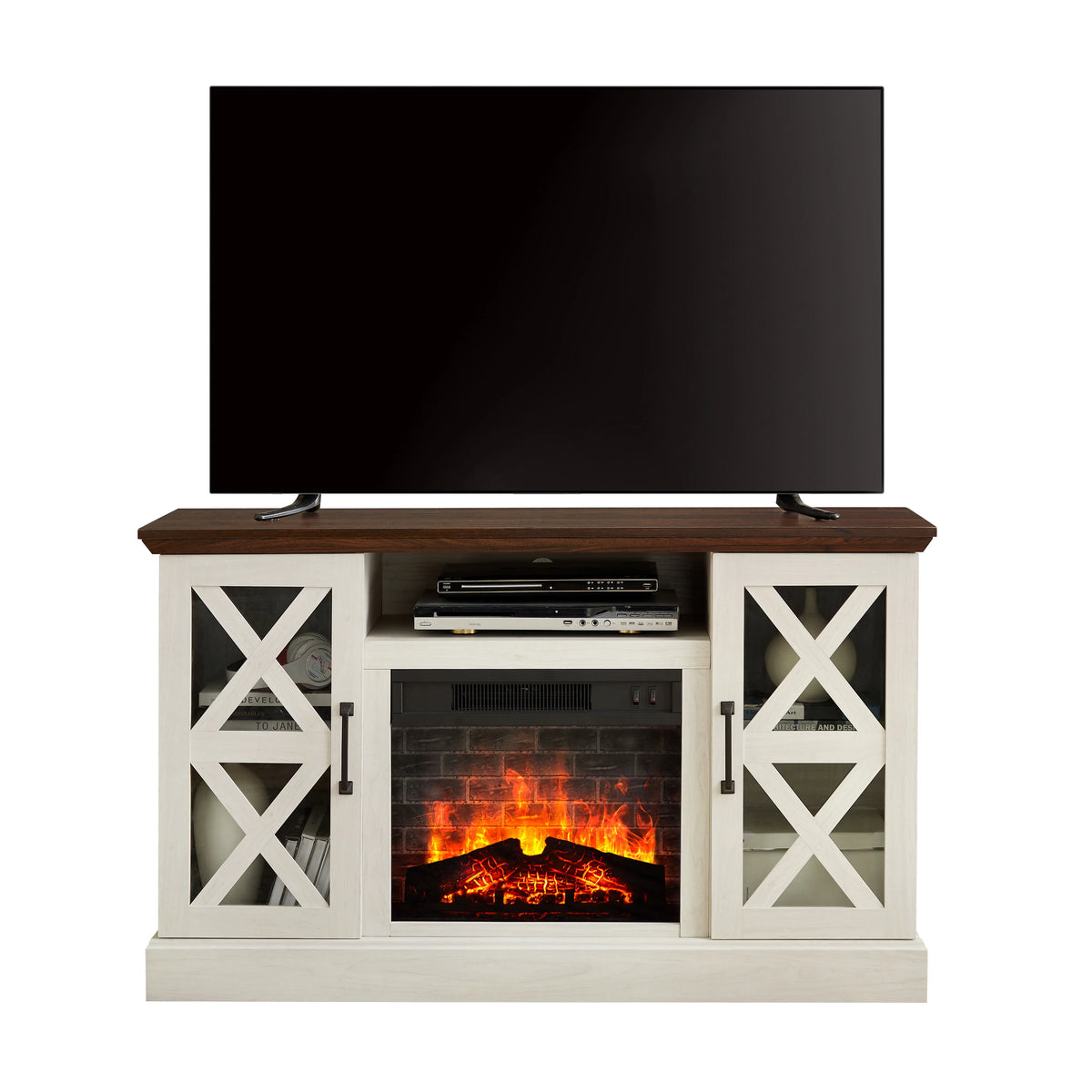 Mainstays Farmhouse Fireplace TV Stand for TVs up to 55", off White/Walnut