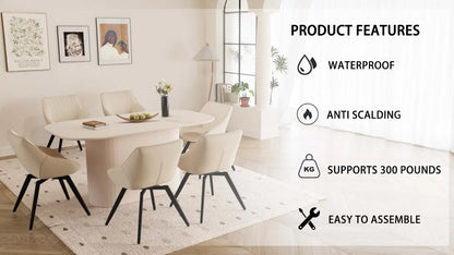 63" Oval Dining Table Set for 6, Wooden Dining Roon Table and 6 PU Swivel Armchairs, Modern Dining Set with High Backrest and Waterproof Tabletop for Living Room,  Beige+Brown