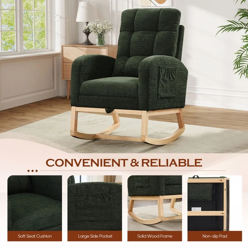 FFH Rocking Chair Nursery, Tufted Accent Rocker Chair, Upholstered Armchair with Adjustable Footrest, Side Pocket, High Backrest, Padded Seat, Polyester Blend (Retro, Dark Gray)