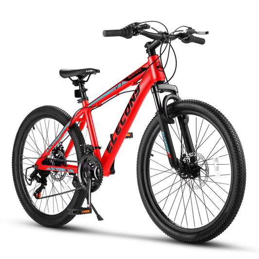 24 inch Mountain Bike for Teenagers,Shimano 21 Speed Mountain Bicycle with Mechanical Disc Brakes,Red