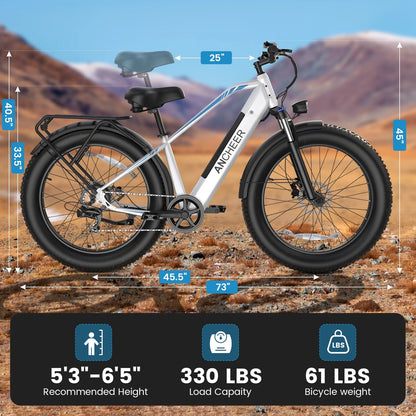 ANCHEER Electric Bike for Adults Peak 1000W Electric Bicycle 48V 15AH Battery Electric Bike 26" x 4.0" Fat Tire Mountain 28MPH 7 Speed Gears Electric Bike, Rear Rack,UL2849