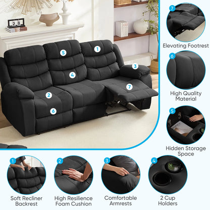 MUZZ Modern Reclining Sofa ,3-Seater Recliner Sofa with Cup Holders, Flip-Up Storage, Reversible Backrest and Footrest, Gray