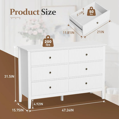 Heynemo Beige 6 Drawer Dresser, Fluted Modern Wood Chest