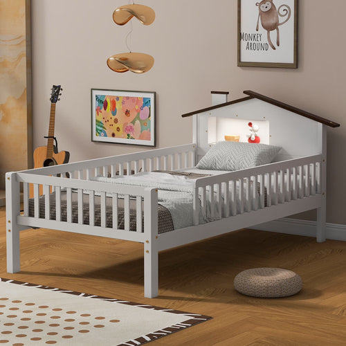 Euroco Wood Twin Size Platform Bed, House Bed with LED Light and Storage, White