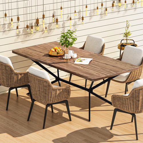 Baxluxe Mid Century Modern Dining Table 70.8 Inch, 6-8 Person Rectangular Kitchen Table with X-Shaped Metal Legs, Wooden Surface Coffee Tables for Living Room, Dining Room, Breakfast Nook, Brown