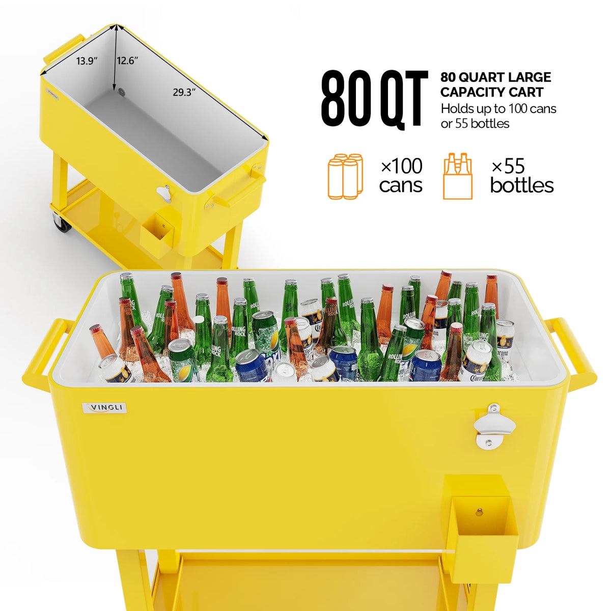 Ktaxon 80 Qt Rolling Ice Chest Cooler Cart Outdoor Trolley with Storage Shelf, Bottle Opener & Cap Collector for 48 Hour Cold Drinks,Lemon Yellow