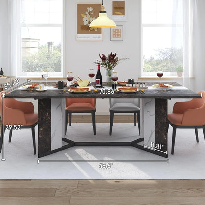 71 inch Large Rectangular Dining Table for 6-8 People, Dining Table with Marble-Color Wood Waterproof Tabletop and Adjustable Leg, 6ft Luxurious Family Dinner Table for Office Kitchen Living Room