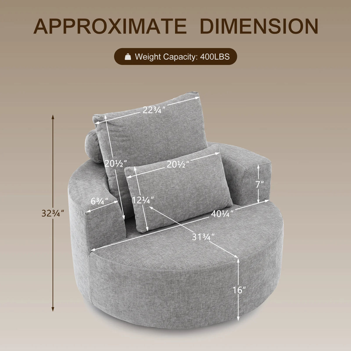 Fumahaus Upholstered Swivel Accent Chair, Oversized Comfy Round Sofa Chair with Two Pillows, Leisure Sofa Chair for Living Room Bedroom, Beige