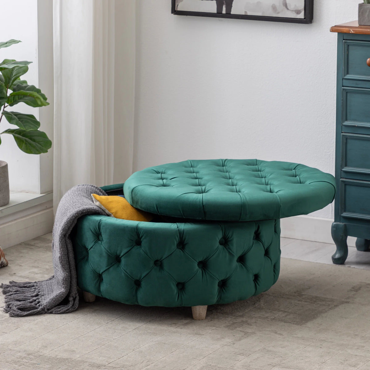 WestinTrends Wordford Round Velvet Tufted Storage Ottoman, Velvet Navy Blue