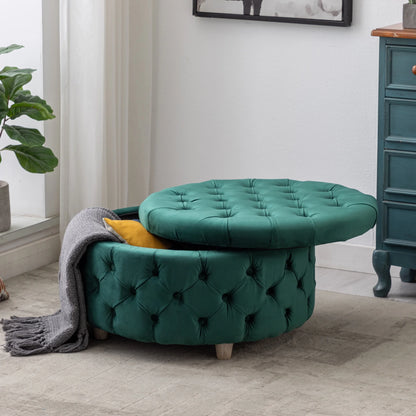 WestinTrends Wordford Round Velvet Tufted Storage Ottoman, Velvet Navy Blue