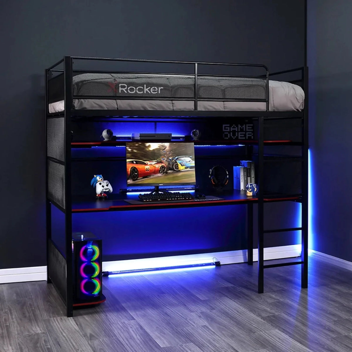 X Rocker Gaming Bunk Bed, Metal, Shelves, Twin, Black, Teen