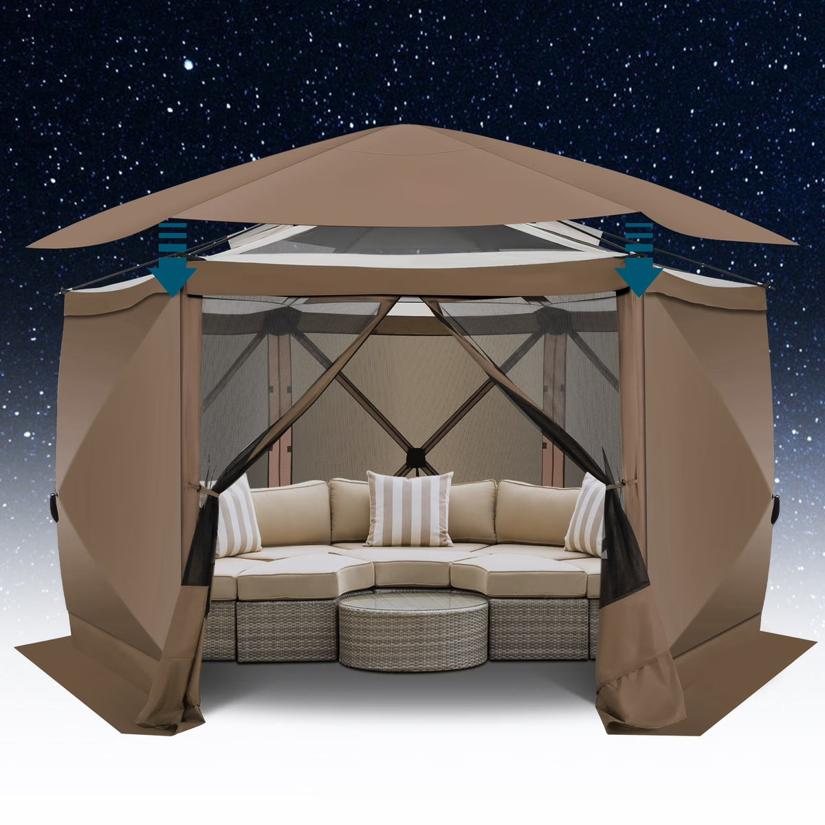 COBIZI 12'x12' Pop-up Gazebo Outdoor Camping Tent with 6 Sides Mosquito Netting, Waterproof, UV Resistant, Portable Screen House Room, Easy Set-up Party Tent with Carry bag, Ground Spike, Brown