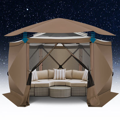 COBIZI 12'x12' Pop-up Gazebo Outdoor Camping Tent with 6 Sides Mosquito Netting, Waterproof, UV Resistant, Portable Screen House Room, Easy Set-up Party Tent with Carry bag, Ground Spike, Brown