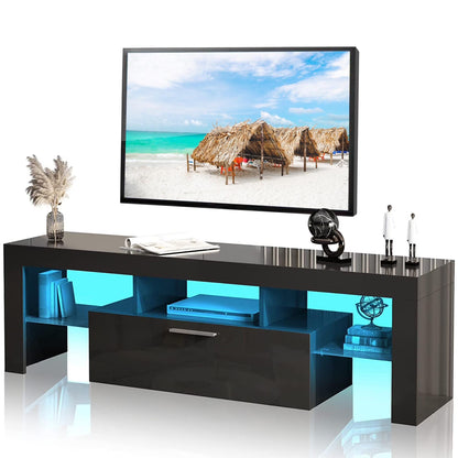 PAPROOS TV Stand for TVs up to 70", High Gloss TV Cabinet with LED Light, Modern TV Console Table with Storage Drawers, Media Television Stand Entertainment Center, White