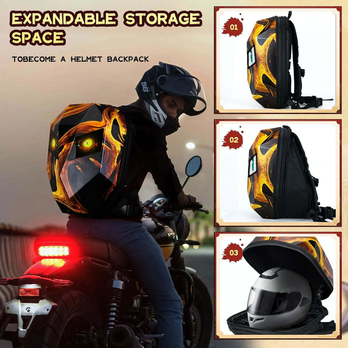 Gelrova Knight LED Bike Backpack, Black Hard Shell Motorcycle Helmet, Small Size 17in
