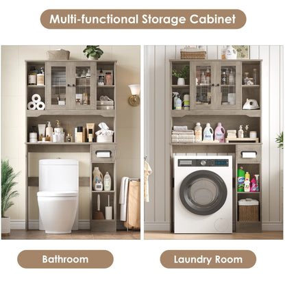 Homfa Over The Toilet Storage Cabinet with Toilet Paper Holder Stand, Above Toilet Organizer with Glass Doors, Behind Toilet Shelf for Restroom, Bathroom, Laundry, White