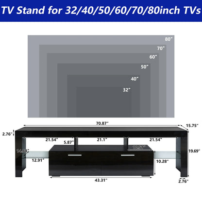 UHOMEPRO TV Stand for TV up to 70", Living Room Entertainment Center with RGB LED Lights and Storage Shelves Furniture, White High Gloss TV Cabinet Console Table