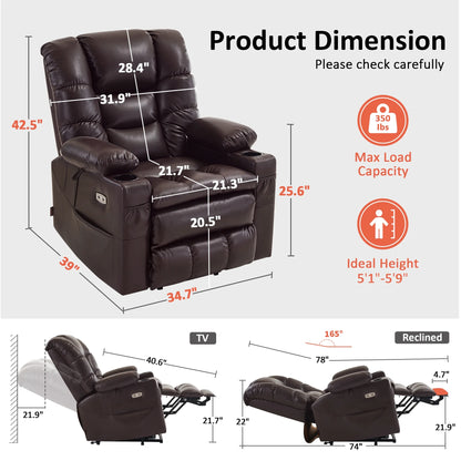 MCombo Triple Motor Power Lift Recliner for Elderly, Sleep Recliner Sofa with Adjustable Headrest, Faux Leather, Dark Brown
