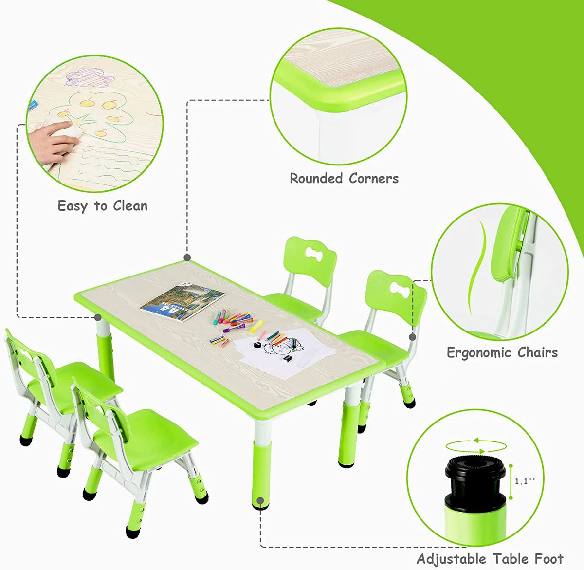 LAZY BUDDY Kids Table and 4 Chairs Set, Height Adjustable Toddler Desk with Graffiti Desktop, Kids Activity Table Set for Daycare, Home