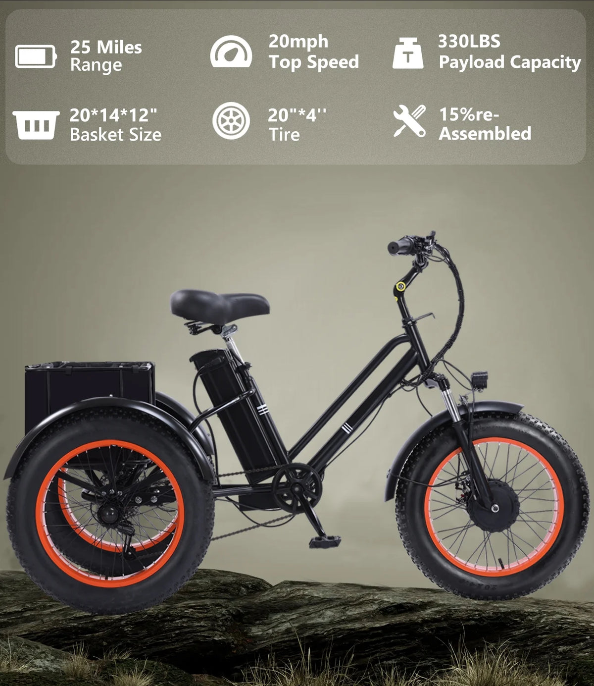 YEBEI Electric Tricycle for Adults Folding E-Trike Motorized Tricycle Electric 3 Wheels Trike Powerful 500W Motor Electric Tricycle 48V15AH Lithium Battery Max 20MPH 20*4.0” Fat Tire Orange