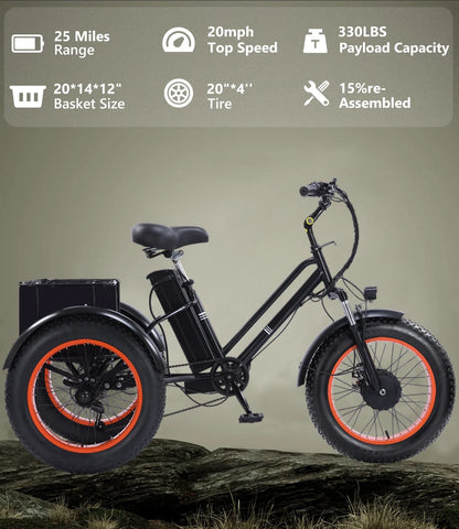 YEBEI Electric Tricycle for Adults Folding E-Trike Motorized Tricycle Electric 3 Wheels Trike Powerful 500W Motor Electric Tricycle 48V15AH Lithium Battery Max 20MPH 20*4.0” Fat Tire Orange