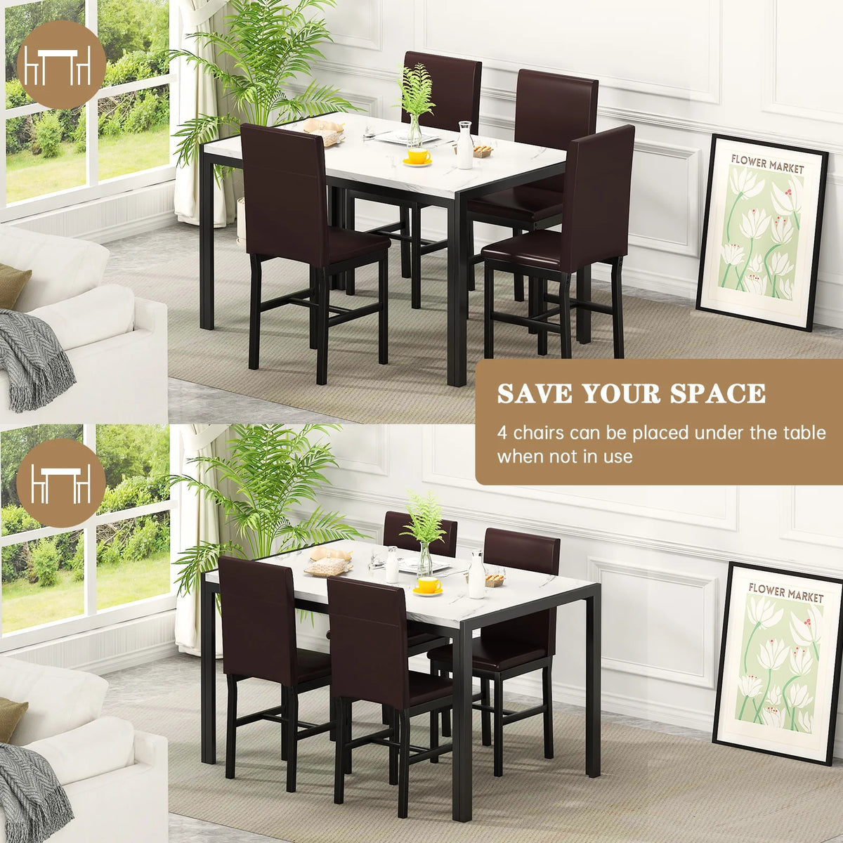 AWQM Dining Table Set of 4, Faux Marble 5 Piece Dining Room Table Set with PU Leather Chairs, Rectangular Kitchen Table Set for Apartment, Dining, White