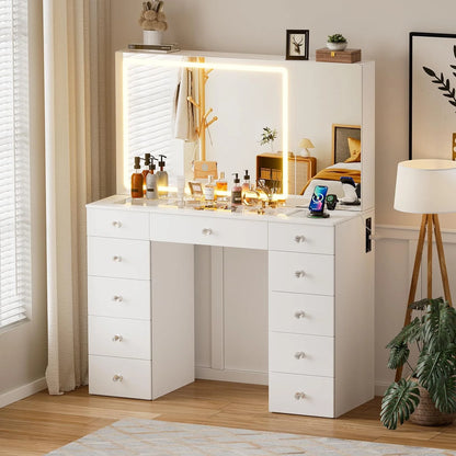 PAKASEPT Vanity Set with Lighted Mirror, Large Vanity Desk with Charging Station, Makeup Vanity Table with 11 Drawers & Hidden Sliding Storage Cabinet & Visible Glass Tabletop for Bedroom (White)