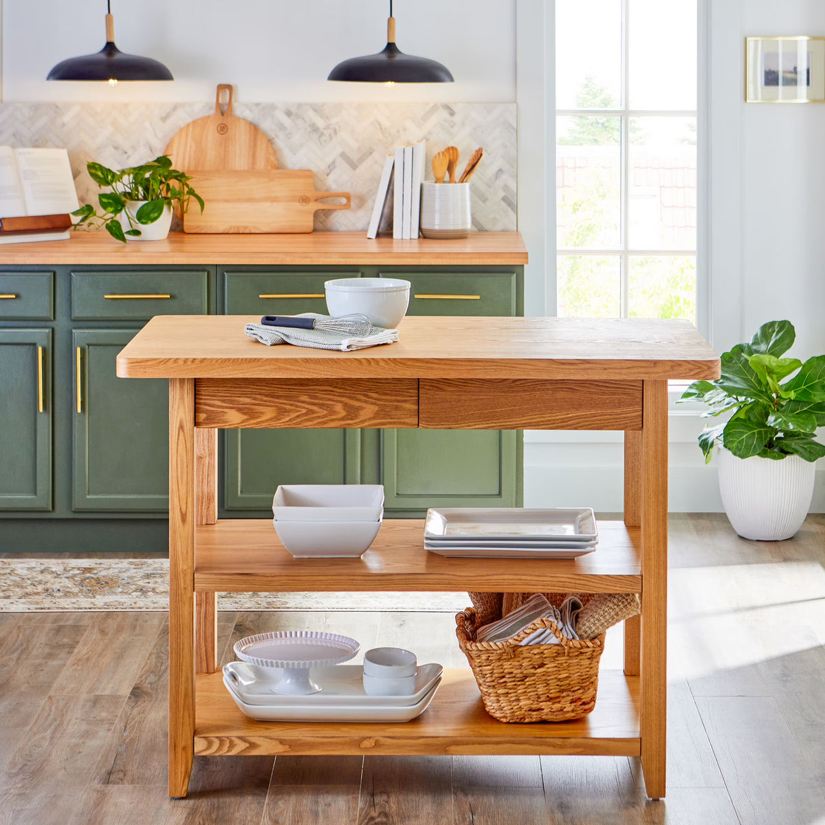 Better Homes & Gardens Reading Wood Kitchen Island with 2 Shelves and Drawers, Walnut Color