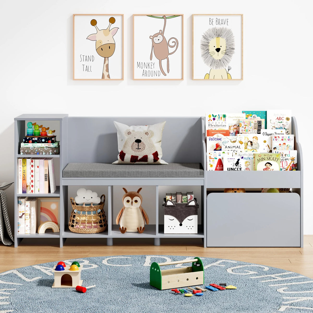 Homfa Kids Bookshelf with Reading Nook, 6 Shelf Bookcase with 1 Wood Toy Bin with 3 Tier Book Rack for Children Kidsroom
