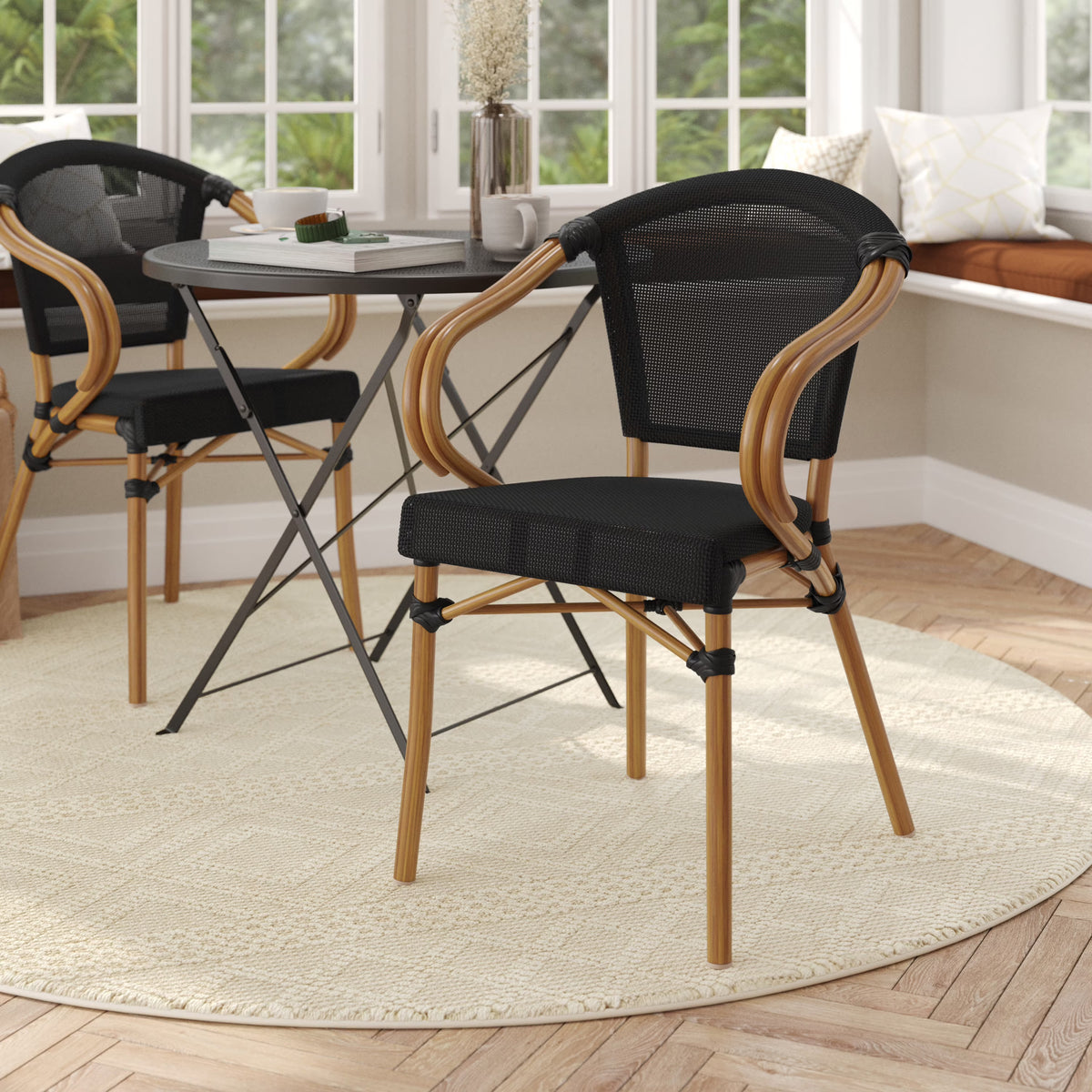 Flash Furniture Marseille Indoor/Outdoor French Bistro Stacking Chair with Arms Black/Natural