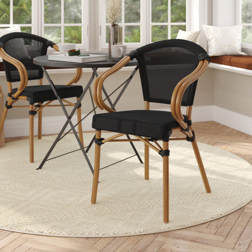 Flash Furniture Marseille Indoor/Outdoor French Bistro Stacking Chair with Arms Black/Natural