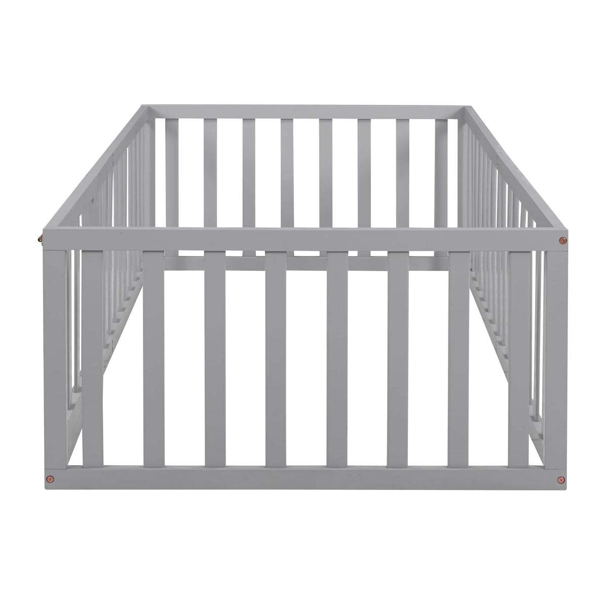 Wood Floor Bed with Fence and Door for Kids, Twin, Gray