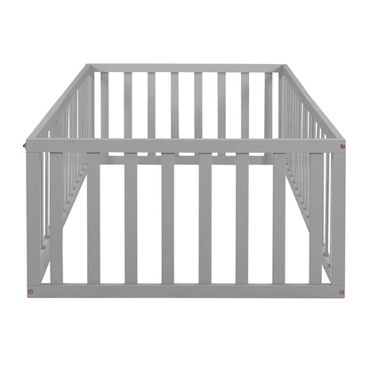 Wood Floor Bed with Fence and Door for Kids, Twin, Gray