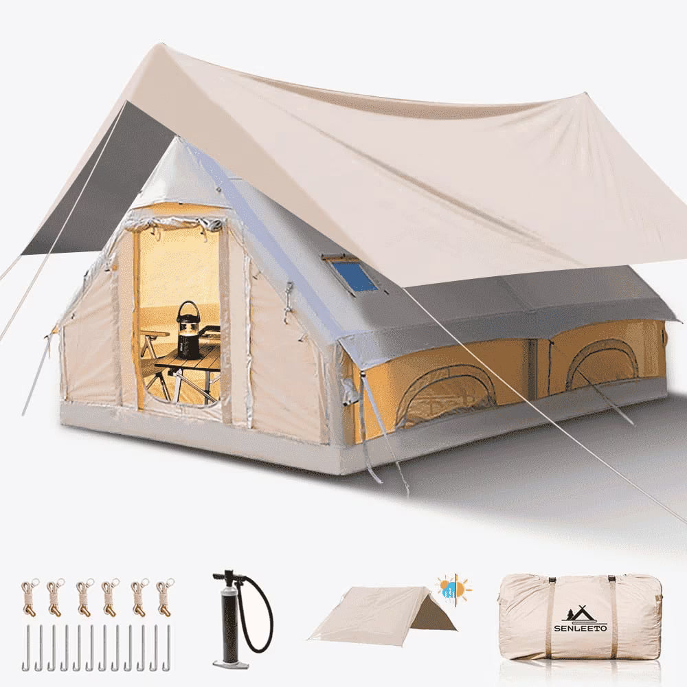 9.8' x 7' Inflatable Camping Tent,4 Season Blow up Tents for Camping, 4-6 Person Inflatable Tent with Stove Jack,Air Tents,Glamping Tent,Waterproof Luxury House with Mesh Window