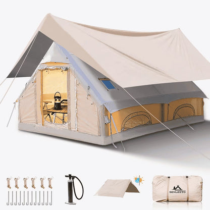 9.8' x 7' Inflatable Camping Tent,4 Season Blow up Tents for Camping, 4-6 Person Inflatable Tent with Stove Jack,Air Tents,Glamping Tent,Waterproof Luxury House with Mesh Window