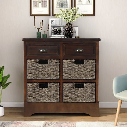 Rustic Storage Cabinet, Wood Accent Cabinet with 2 Drawers and 4 Rattan Baskets,Entryway Console Table Sofa Table for Living Room,Dining Room,White Washed