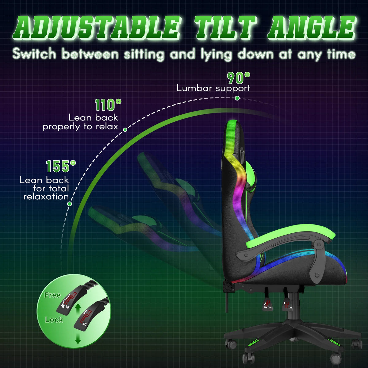 Bigzzia Gaming Chair with LED Lights Ergonomic Office Chair for Adults and Kids - Adjustable Height, 360�� Swivel, Headrest Support, Mesh PU Leather, Black & Green