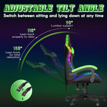 Bigzzia Gaming Chair with LED Lights Ergonomic Office Chair for Adults and Kids - Adjustable Height, 360�� Swivel, Headrest Support, Mesh PU Leather, Black & Green