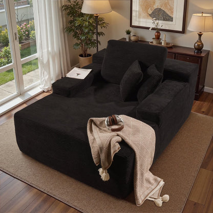 Ovios 67'' Oversized Chaise Lounge Chair Indoor Cloud Plush Corduroy Floor Sofa Bed Deep Seat No Assembly Couch for Living Room, Black