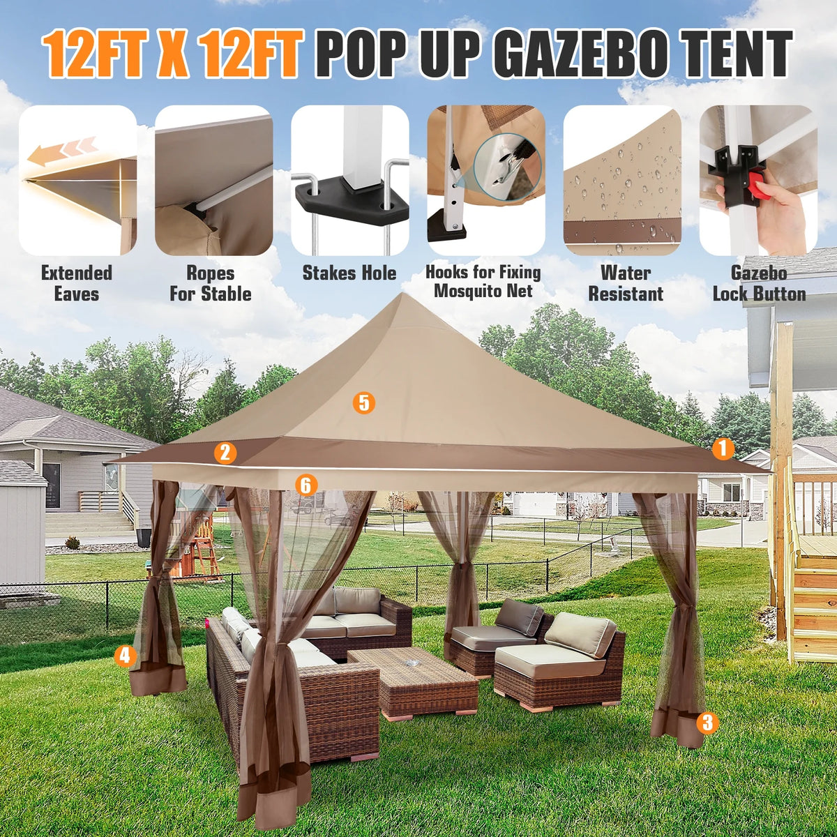 HOTEEL 12x12 EZ Pop Up Gazebo Tent with Sidewalls,Patio Gazebo Instant Shelter for Outdoor Party Camping Backyard Beach with Carry Bag,Stakes,Ropes,Gray
