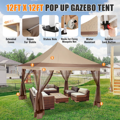 HOTEEL 12x12 EZ Pop Up Gazebo Tent with Sidewalls,Patio Gazebo Instant Shelter for Outdoor Party Camping Backyard Beach with Carry Bag,Stakes,Ropes,Gray