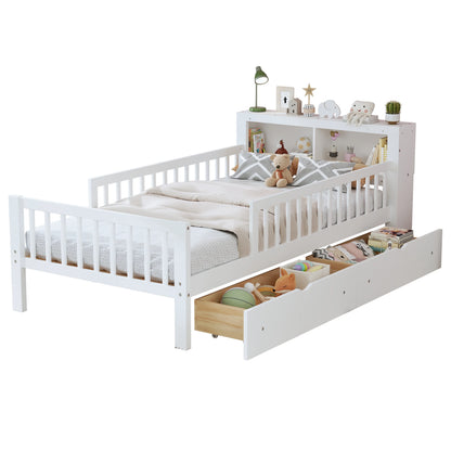 Euroco Wood Twin Size Platform Bed with Storage Headboard and Drawers, Low Profile Bed with Guardrails for Kids and Toddlers, White