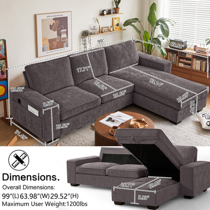 ASHOMELI 99'' Convertible Sectional Sofa,L Shaped Couch,Multi-Functional Reversible Sofa with USB and Type-C Charging Ports, Storage Space, Breathable Fabric