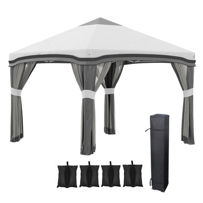 Outsunny 10' x 10' Pop Up Canopy with Nettings, Foldable Party Tent with Wheeled Carry Bag and 4 Sand Bags, Beige