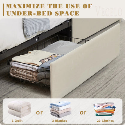 VECELO Full Bed Frame with 4 Storage Drawers (Wheeled) and Tufted Upholstered Adjustable Headboard Platform Bed, Beige