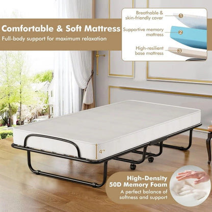 75" x 31" x 13" Folding Bed with Mattress, Rollaway Bed Metal Frame on Wheels, Portable Foldable Guest Bed for Adults, Cot Size Fold up Bed with Memory Foam Mattress