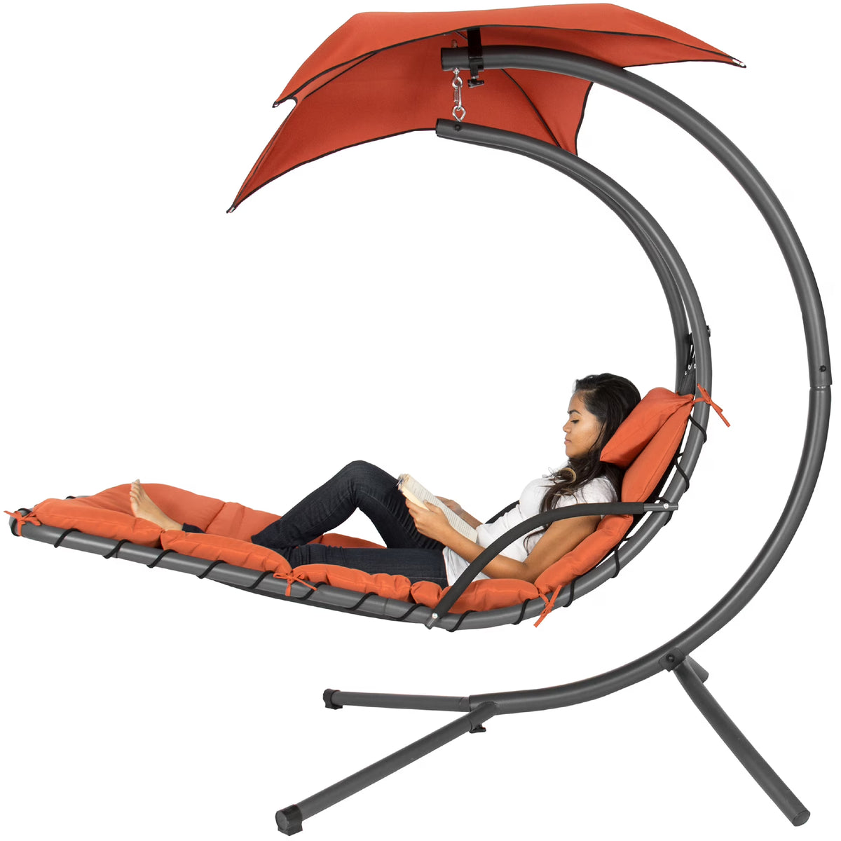 Best Choice Products Hanging Curved Chaise Lounge Chair Swing for Backyard, Patio w/ Pillow, Shade, Stand - Teal