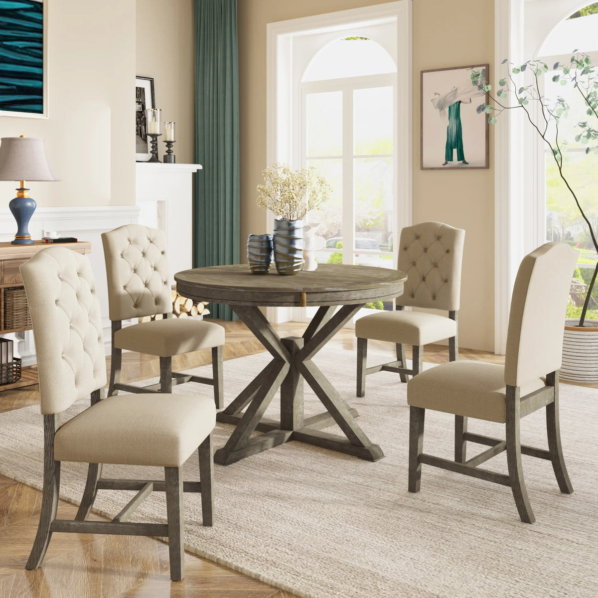 Besthome Farmhouse Extendable Round Kitchen Dining Room Table Set with Upholstered Chairs of 4, 5 Piece Round Dining Table Set with Extendable Table, Espresso